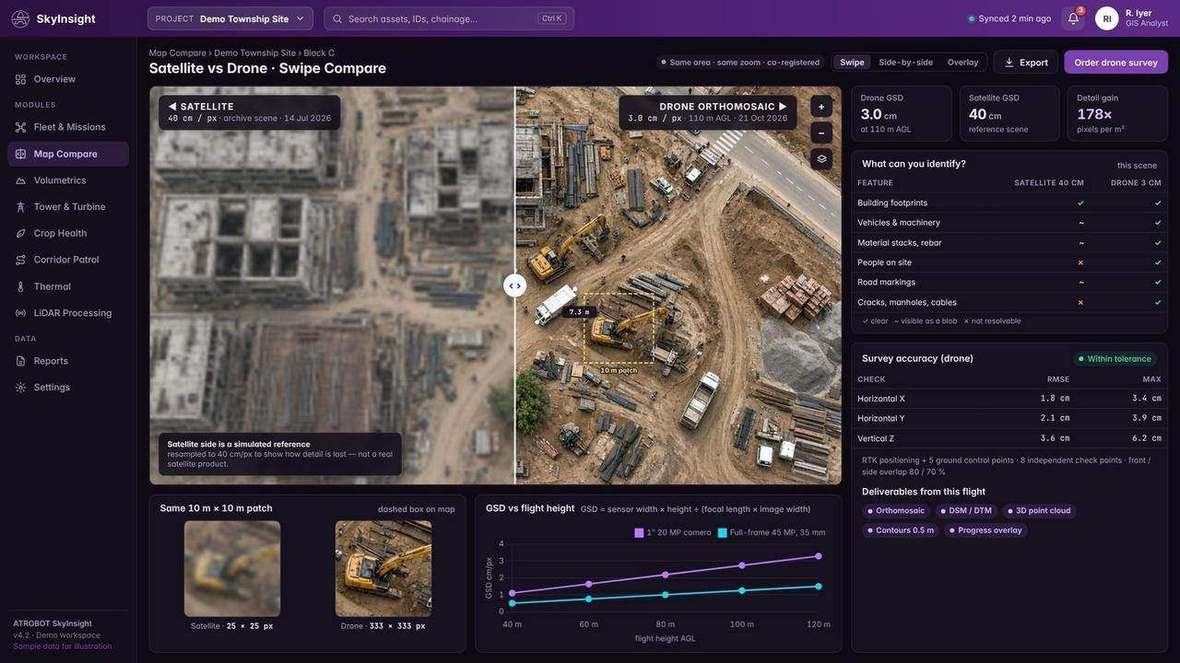 Product UI comparing two map views in the data workspace.