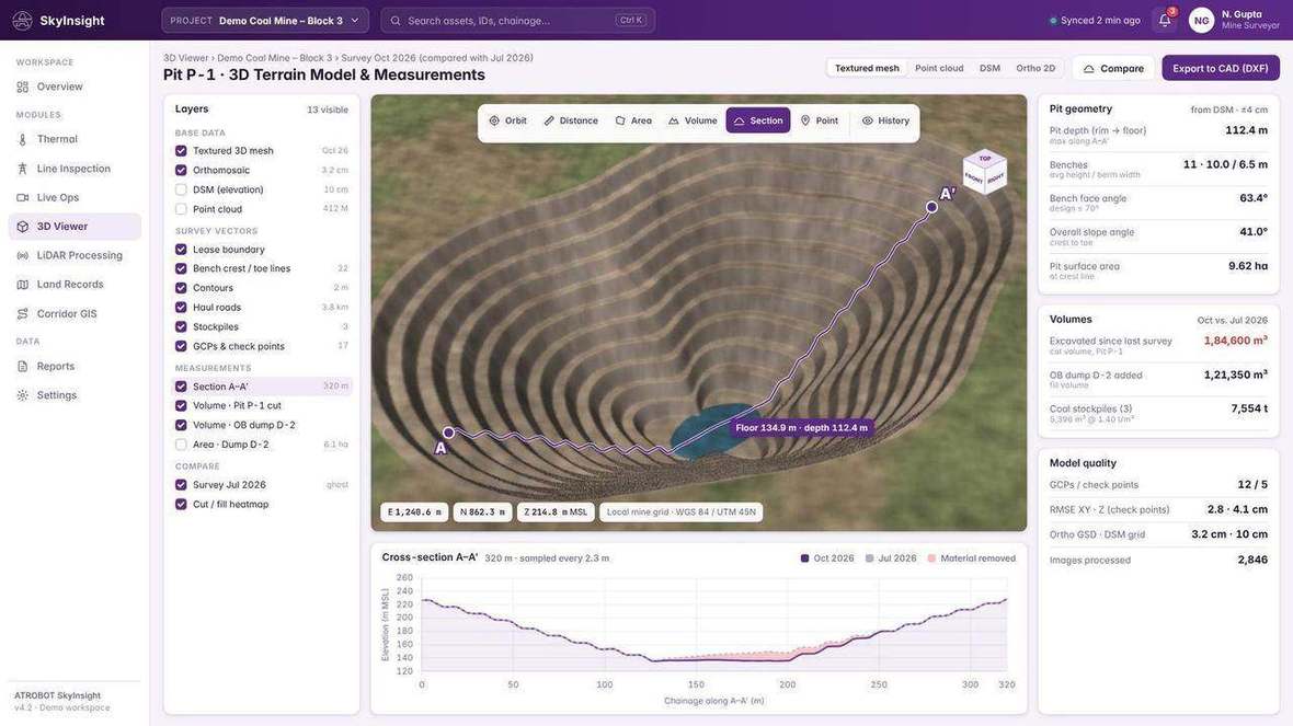 Product UI showing a 3D terrain view in the visualisation workspace.