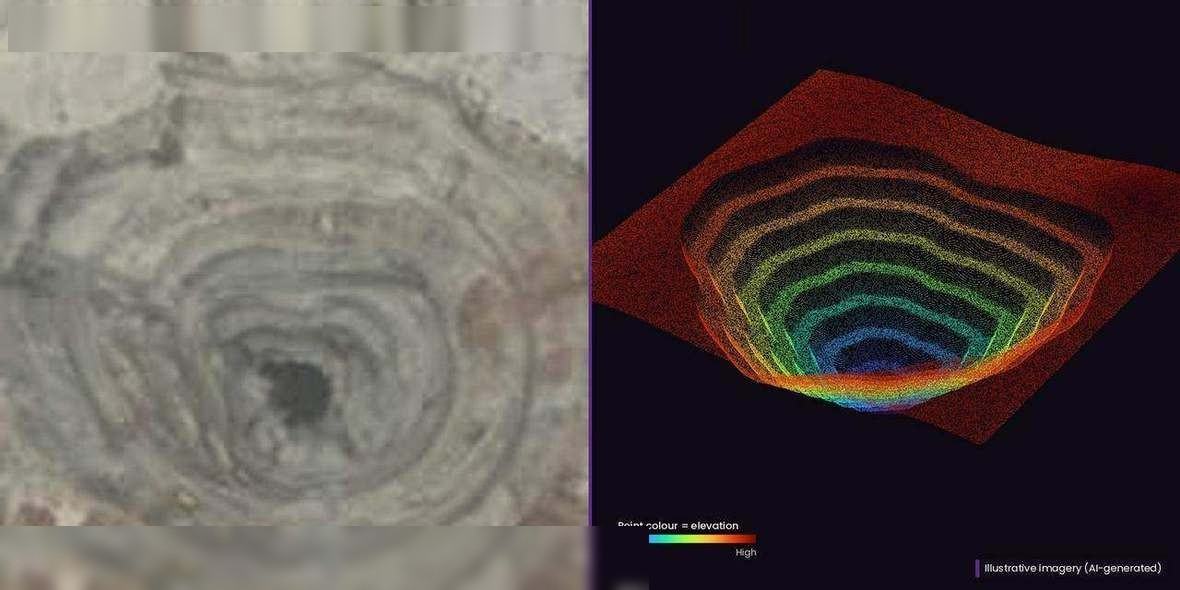 Satellite photograph and point-cloud view of an open-pit mine.