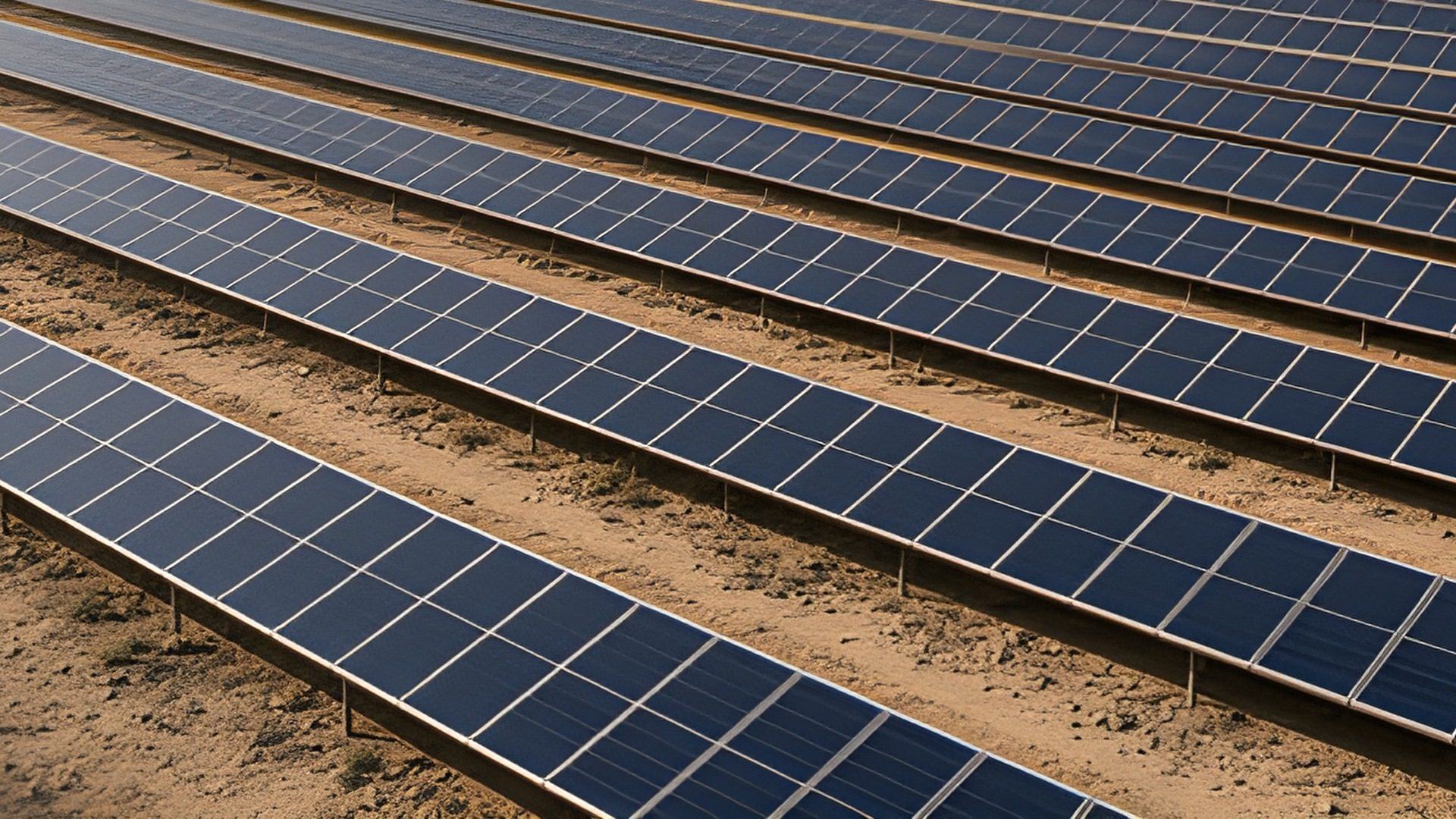 Normal aerial view of utility-scale solar panels.